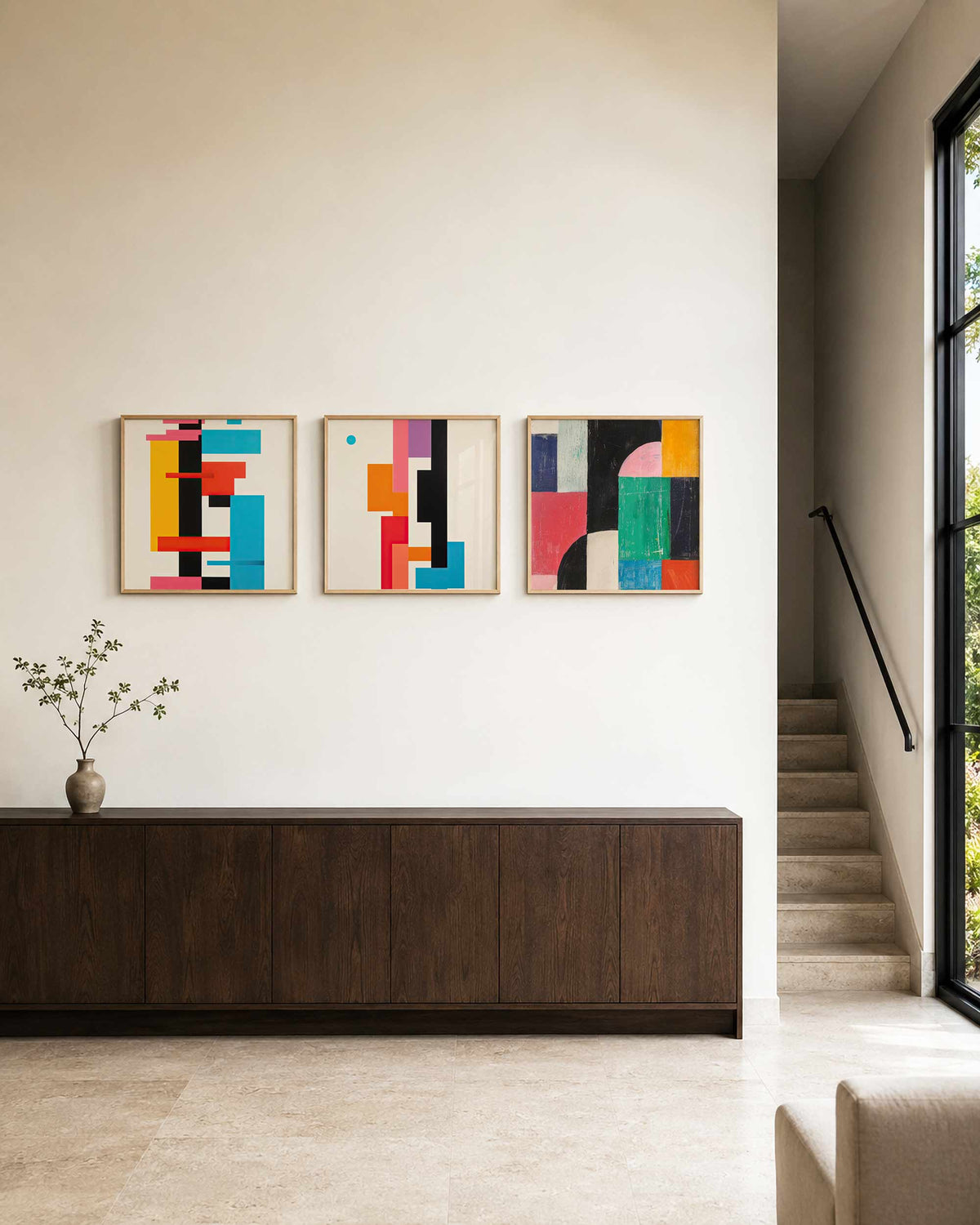 Interieurpresentatie van een driedelige vierkante posterset met abstracte vlakken