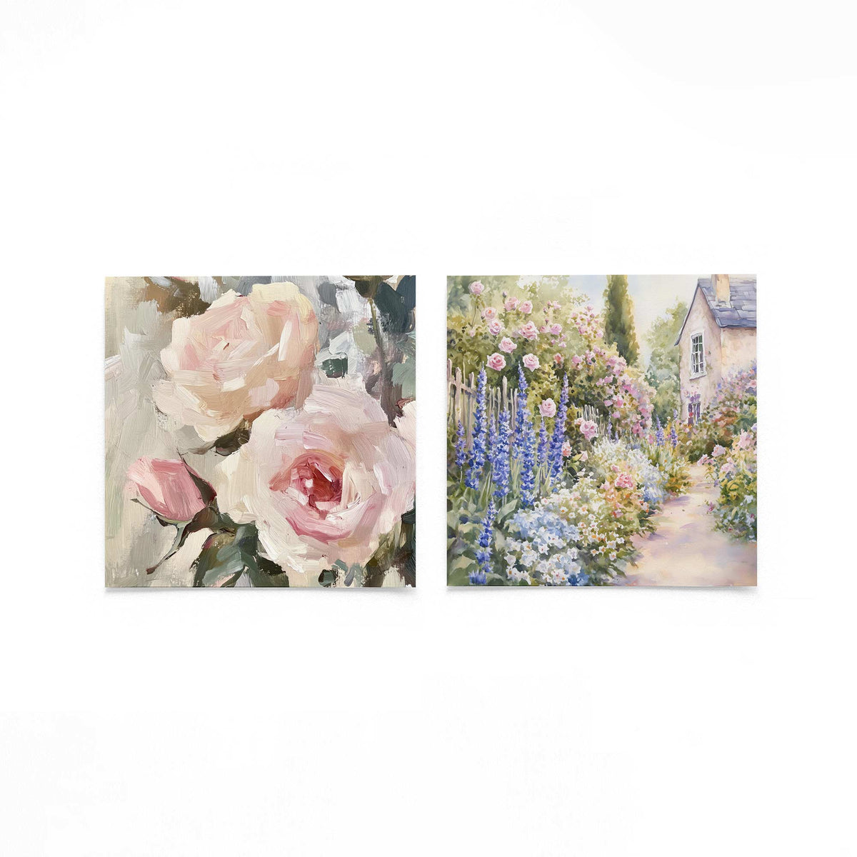 Twee vierkante posters met rozen en tuinpad op een gebroken witte achtergrond