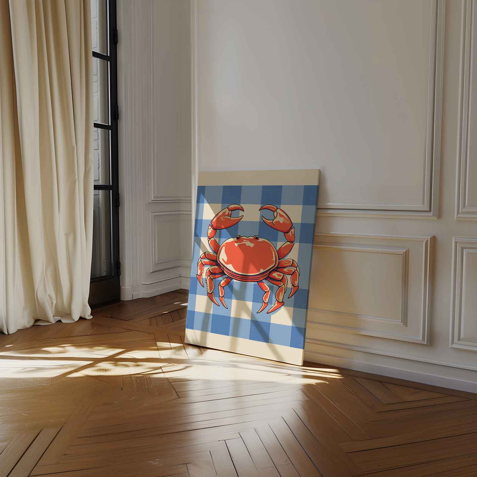 Vrolijke Krab op Blauw-Wit Patroon Kunstwerk-canvas-dibond-plexiglas-wanddecoratie-WallArtistic