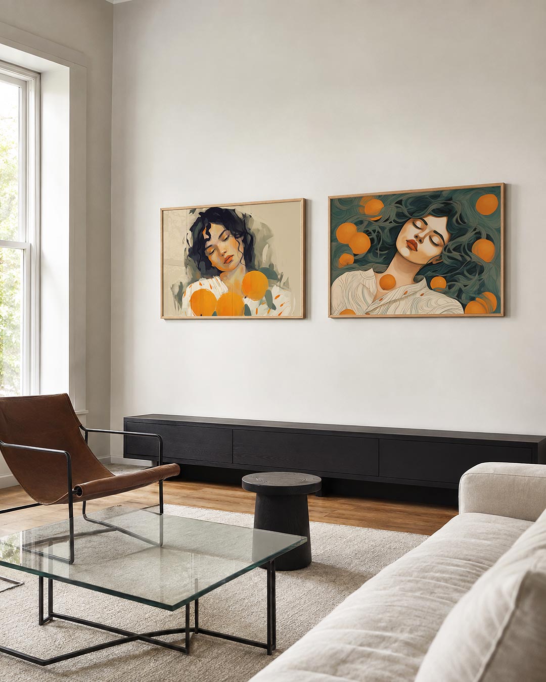 Tweedelige posterset met een zachte compositie van vloeiende lijnen en warme kleuren, getoond in een interieur