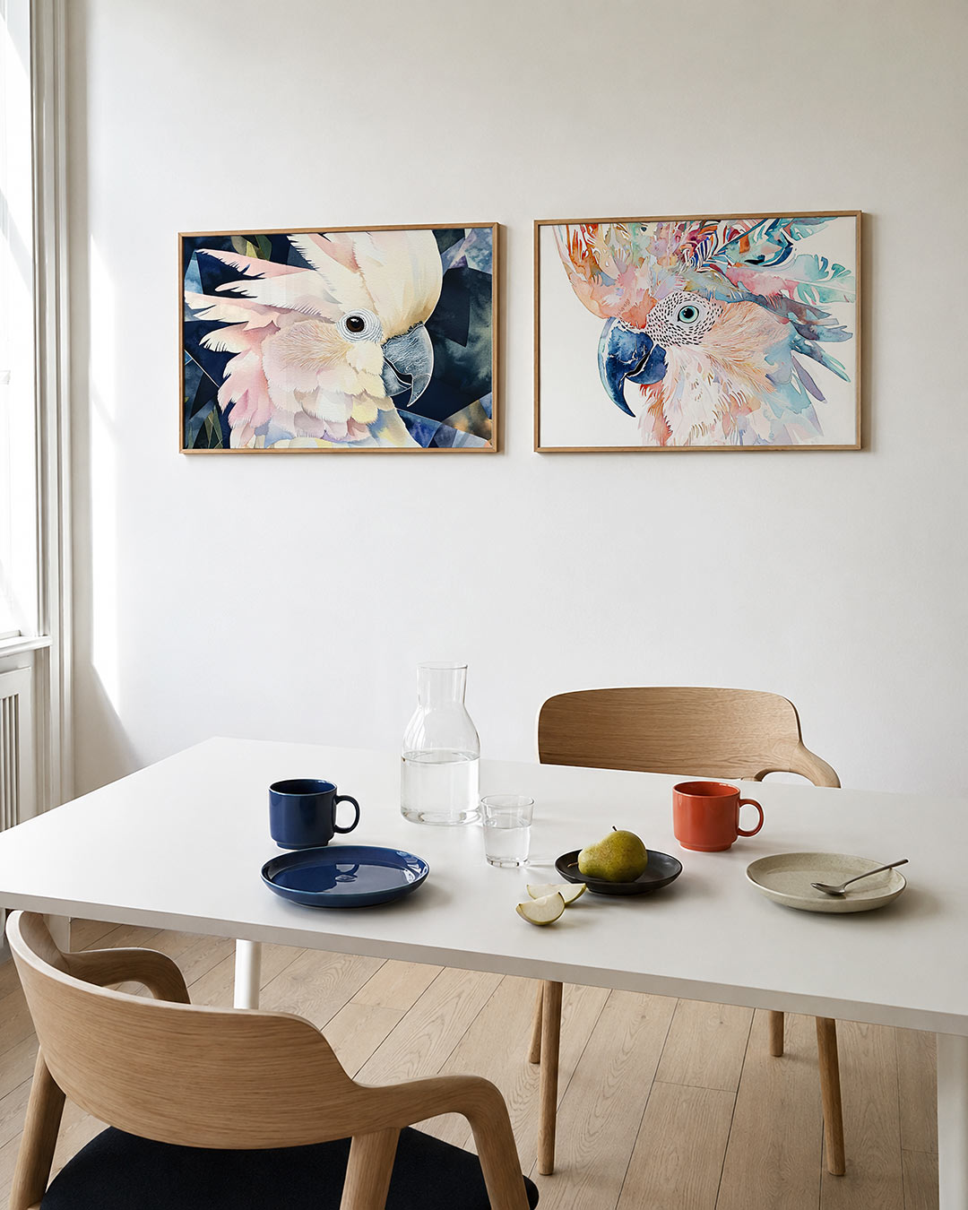 Twee liggende posters met zachte pasteltinten en scherpe contrasten, aan de muur in een interieur