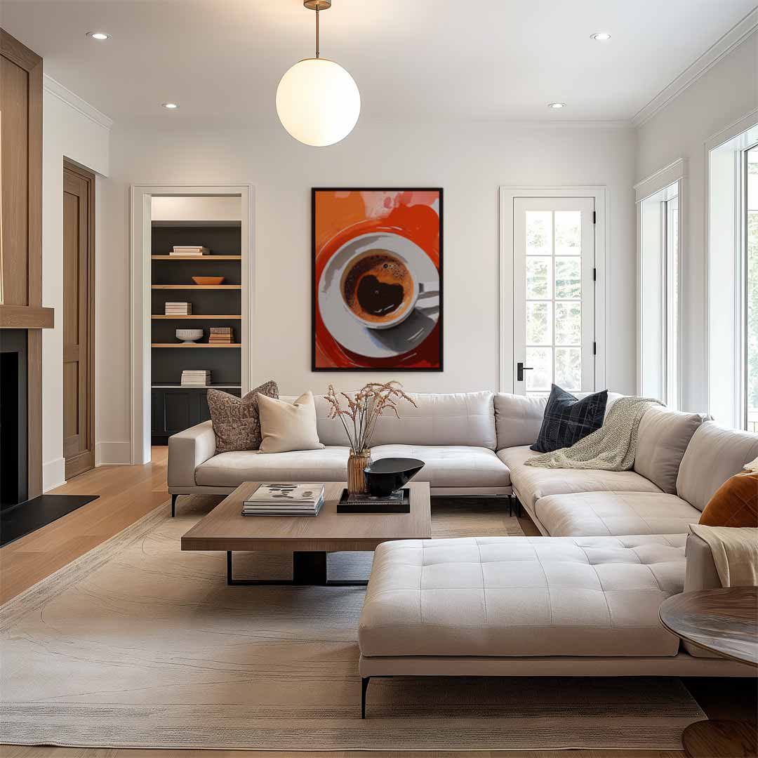 Koffiekunst in oranje Kunstwerk-canvas-dibond-plexiglas-wanddecoratie-WallArtistic