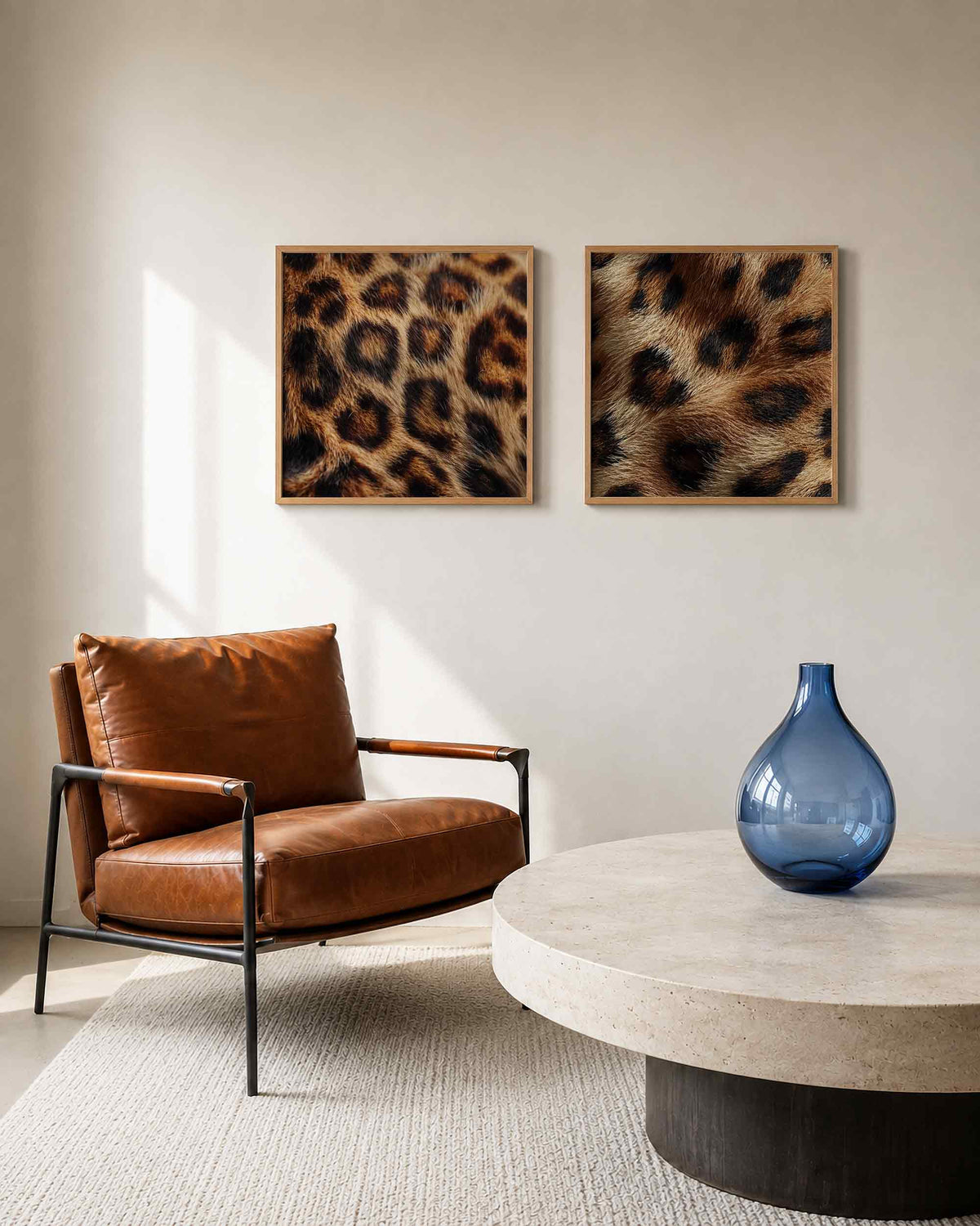 Interieurpresentatie van een tweedelige vierkante posterset met tijgervacht en luipaardvacht