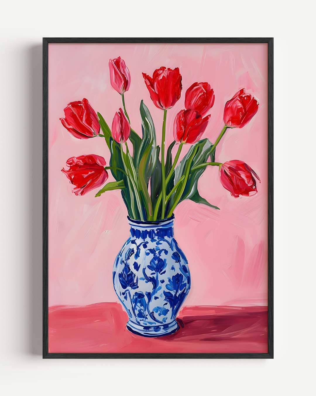 Vrolijke Tulpen in Blauw Witte Vaas Poster-WallArtistic