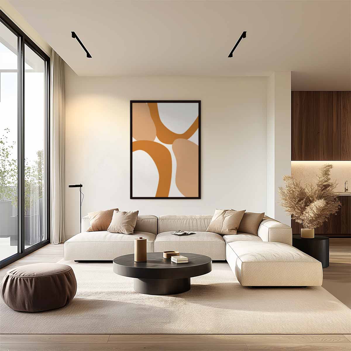 Abstracte Flow in Beige en Oranje Kunstwerk-canvas-dibond-plexiglas-wanddecoratie-WallArtistic