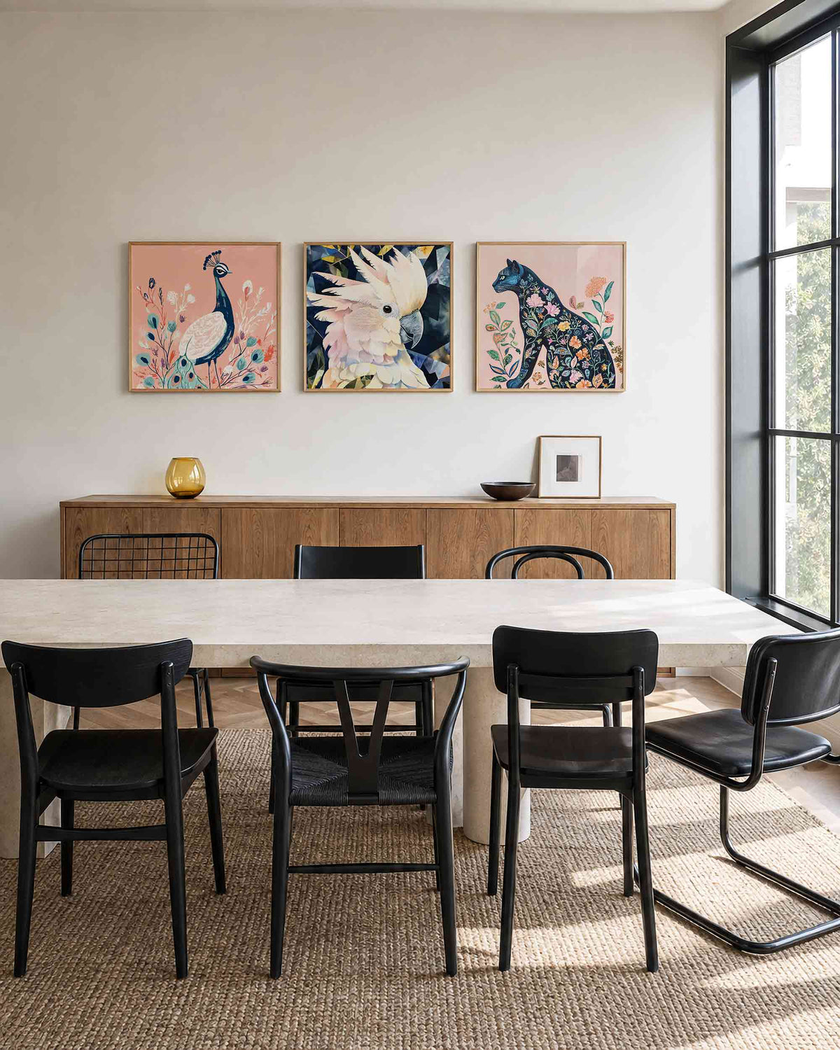 Interieurpresentatie van een driedelige vierkante posterset met vogels en bloemen