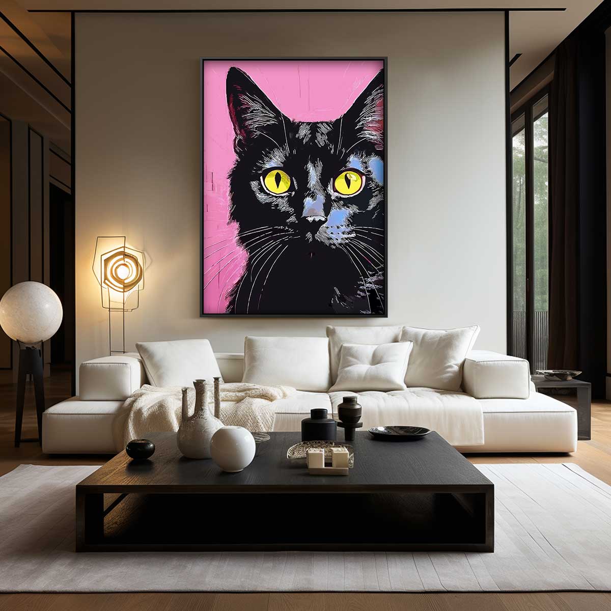 Cat with Yellow Eyes on Pink Background Artwork