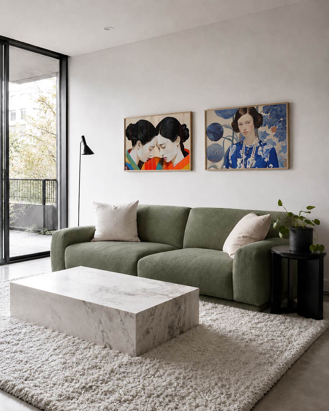 Tweedelige posterset met twee figuren met gesloten ogen, hun hoofden zachtjes tegen elkaar, getoond in een interieur