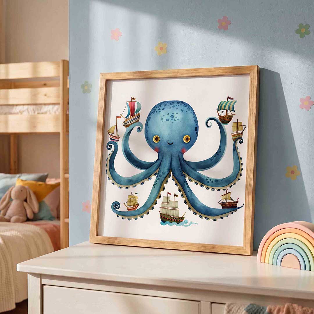 Blauwe octopus met schepen Poster