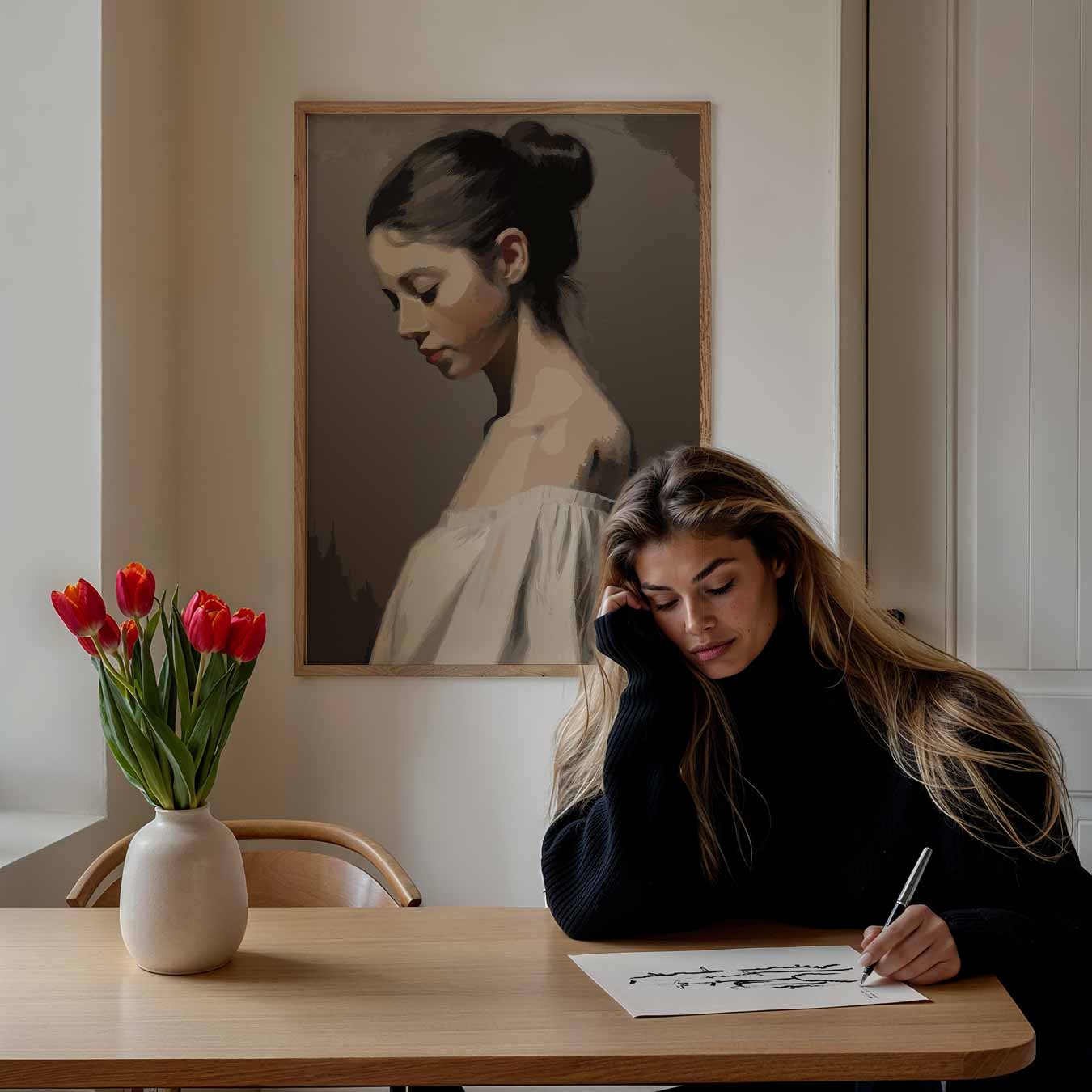 Elegante Portretposter van Vrouw in Bruin Poster-WallArtistic