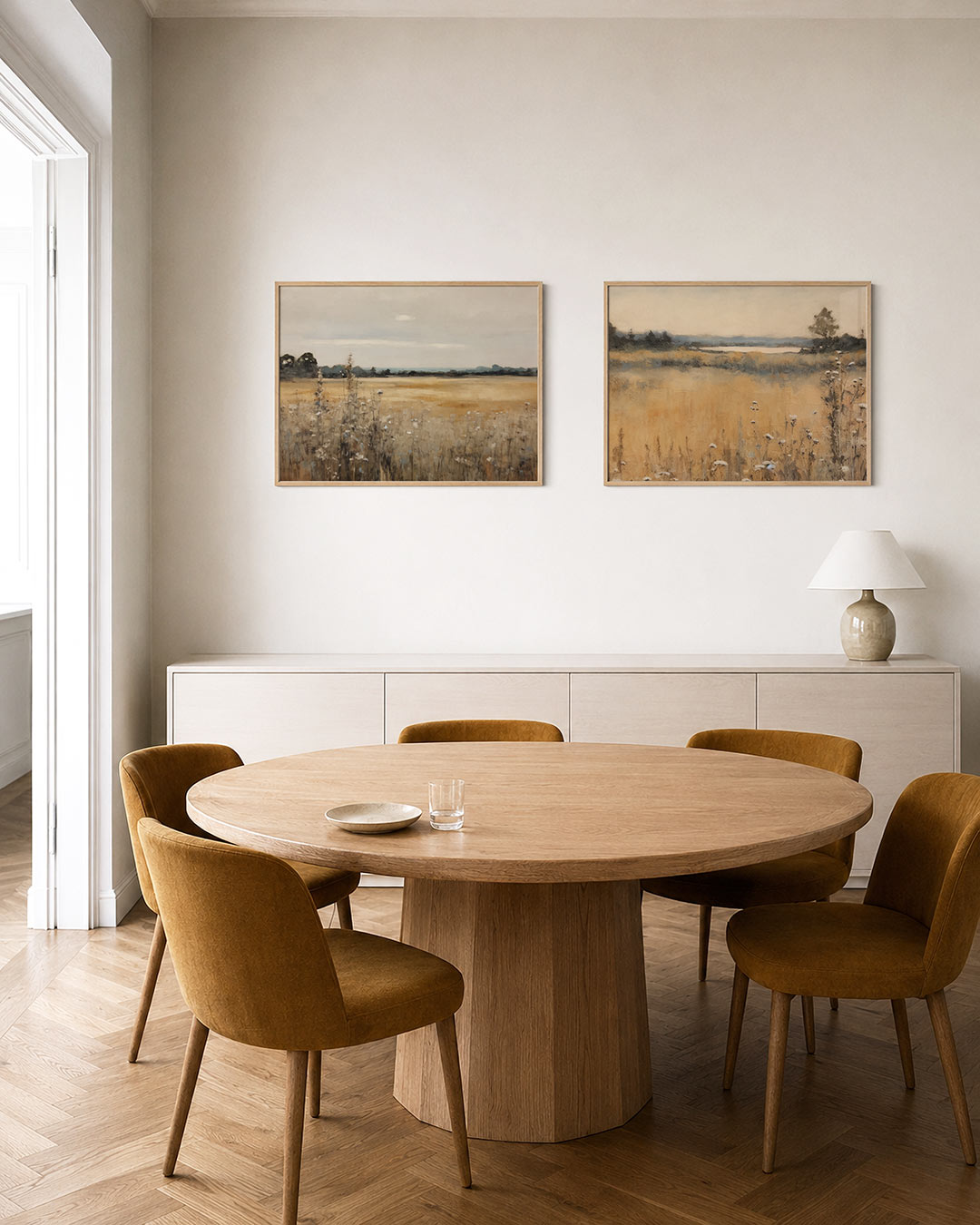 Twee liggende posters met een uitgestrekt veld met fijne kleuren, aan de muur in een interieur