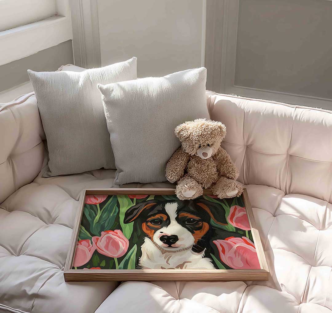 Hond tussen tulpen Poster