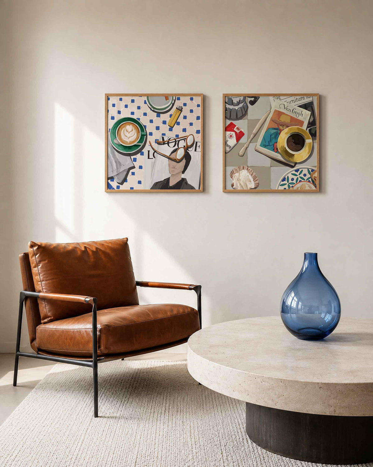 Interieurpresentatie van een tweedelige vierkante posterset met koffie en van gogh