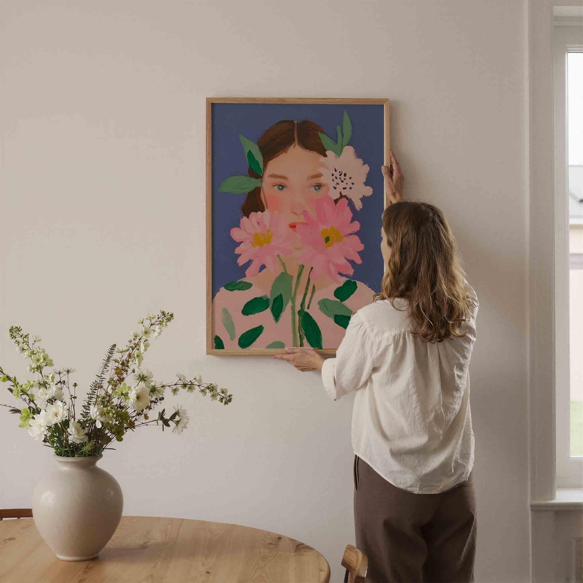 Bloemen en gezicht Poster