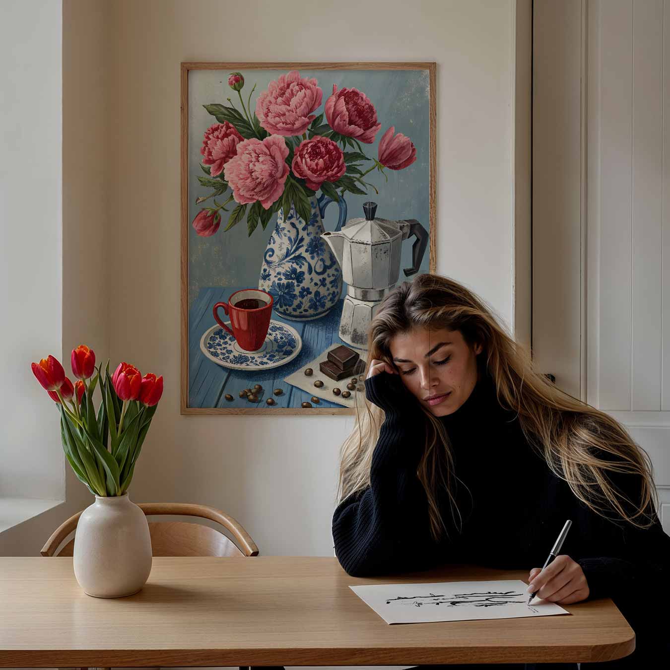 Bloemen en Koffie Stilleven Poster-WallArtistic