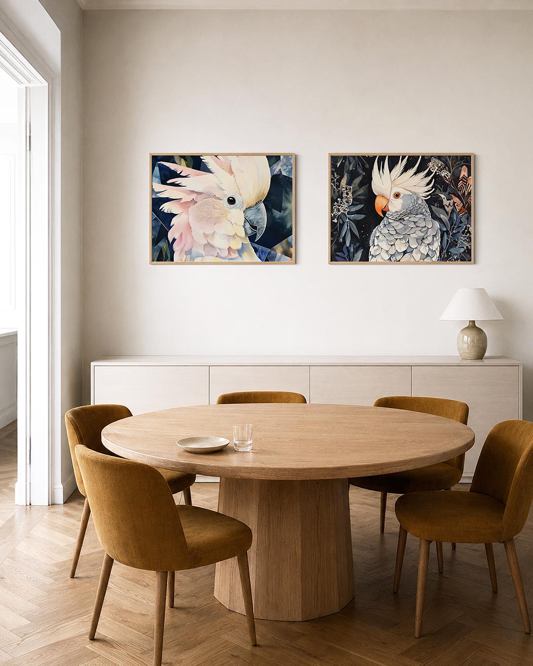Tweedelige posterset met een speelse compositie van zachte pasteltinten en scherpe lijnen, getoond in een interieur