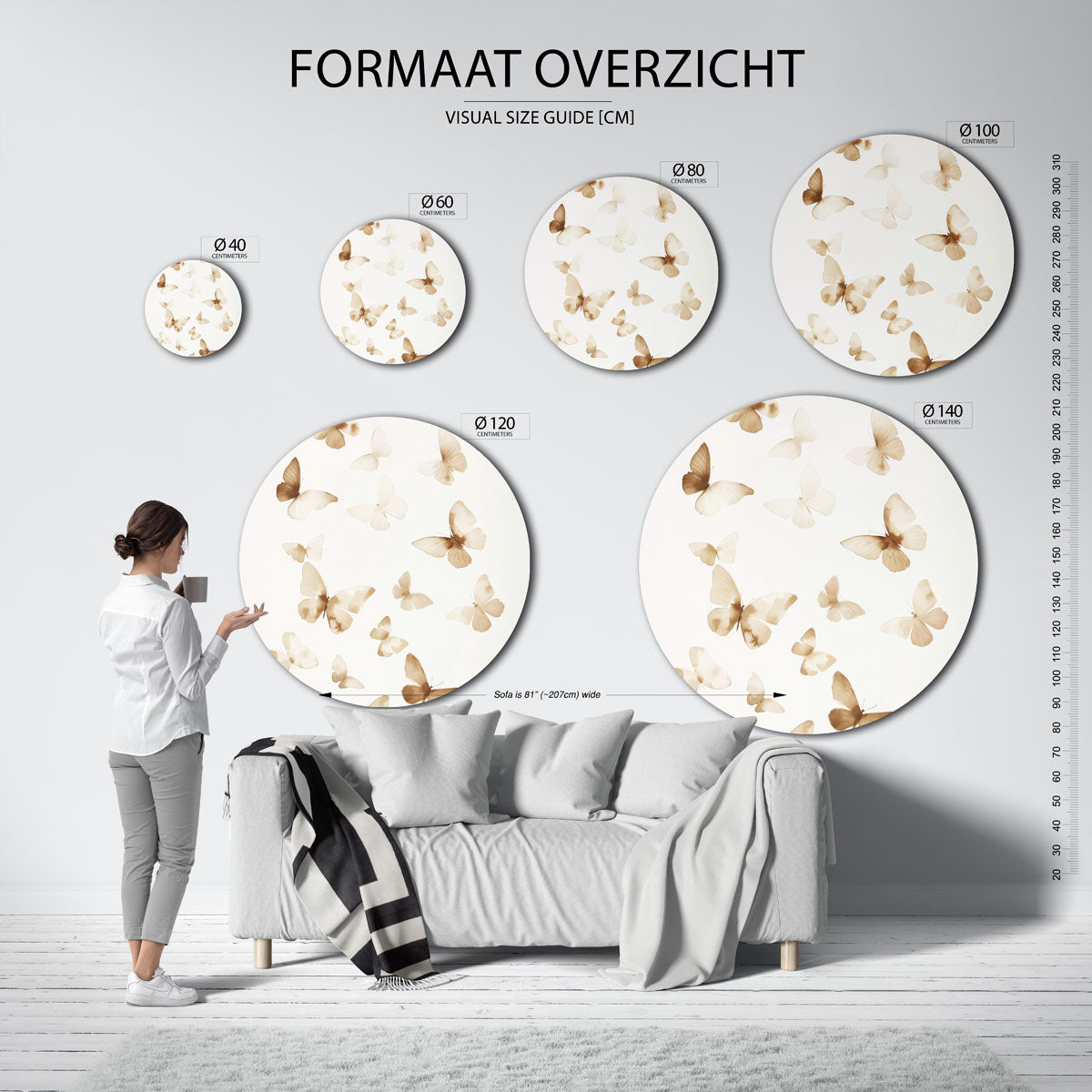 Vlinders in beige Muurcirkel