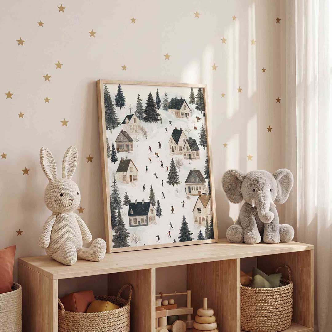 Winterdorp met schaatsers Poster