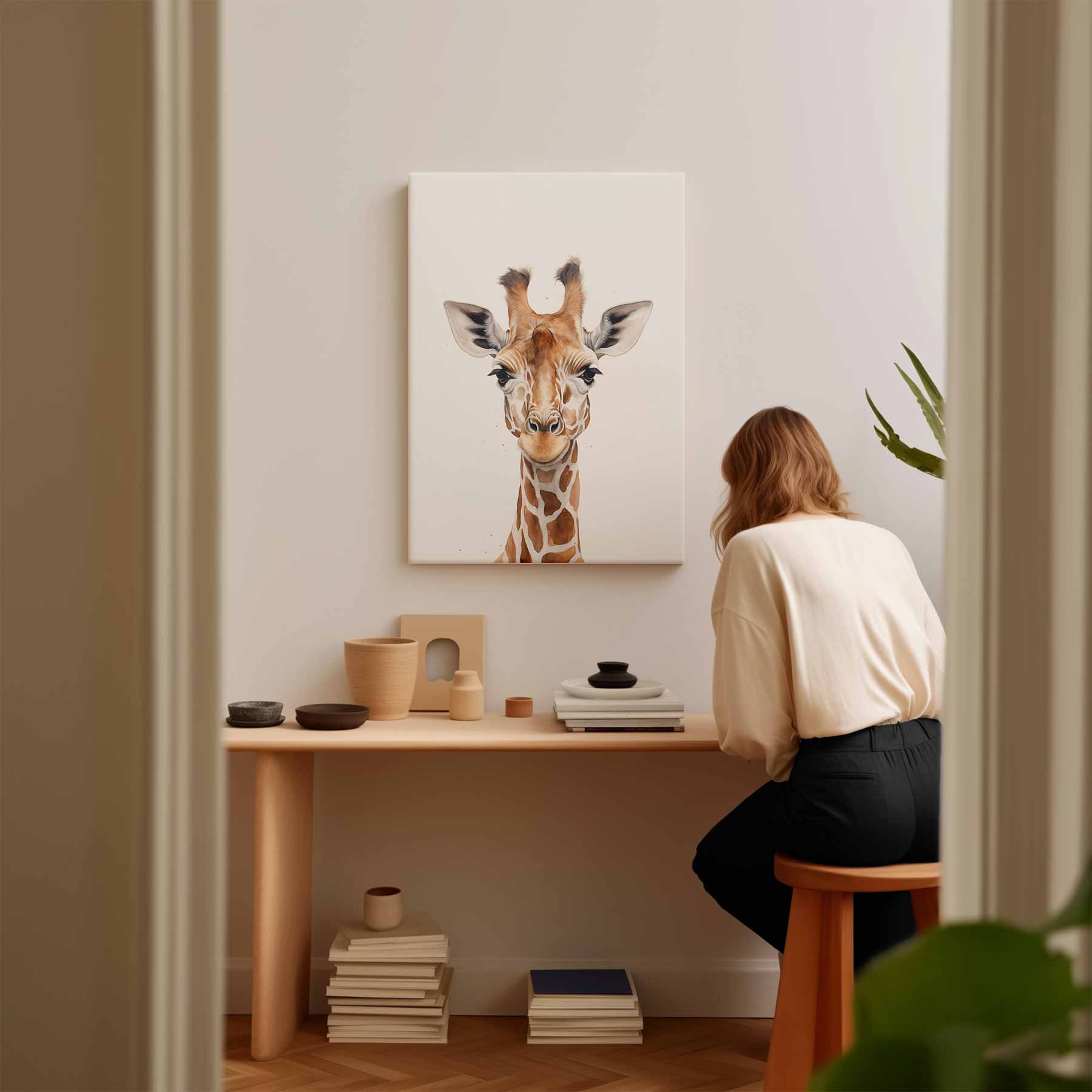 Vrolijke Giraffe Portret Kunstwerk-canvas-dibond-plexiglas-wanddecoratie-WallArtistic