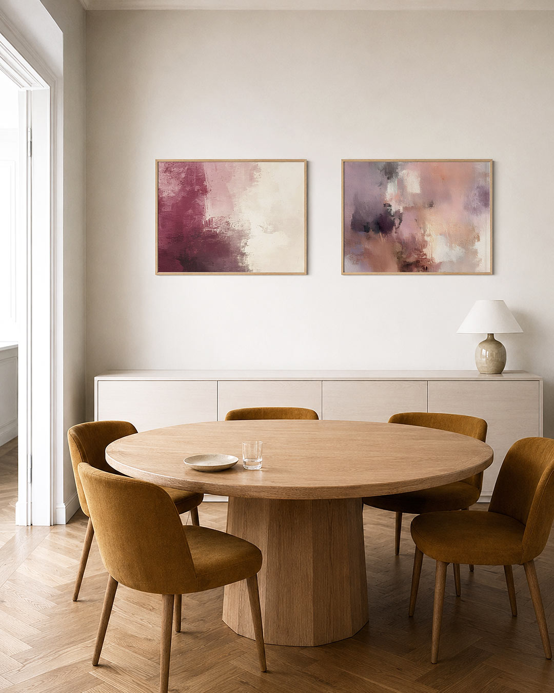 Twee liggende posters met een vloeiend kleurverloop van diepe bordeaux naar zacht wit, aan de muur in een interieur