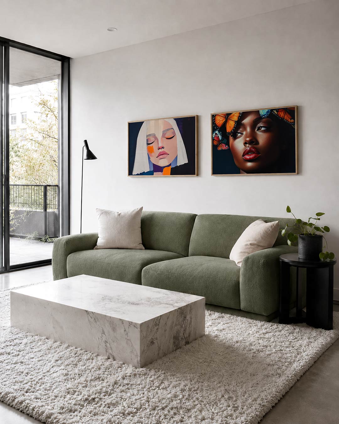 Tweedelige posterset met donkere tinten en een rustige visuele opbouw, getoond in een interieur