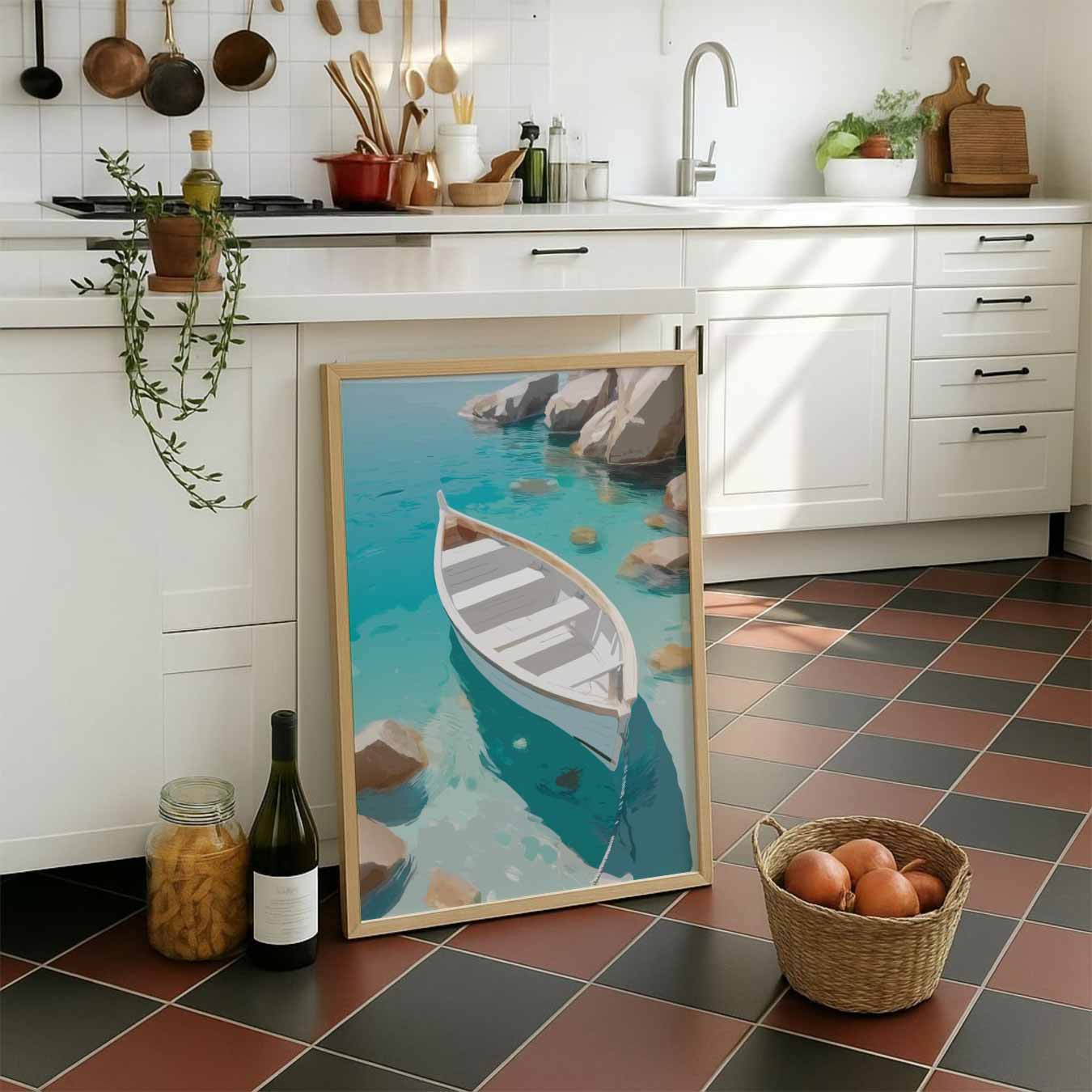 Dromerige Rotsachtige Kust met Boot Poster-WallArtistic