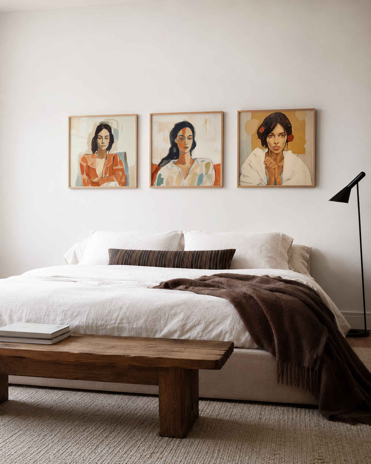 Interieurpresentatie van een driedelige vierkante posterset met abstracte vrouwenportretten
