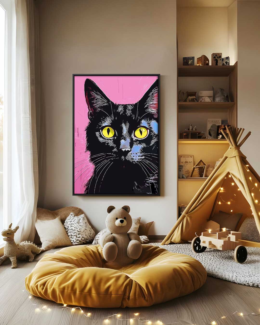 Cat with Yellow Eyes on Pink Background Artwork