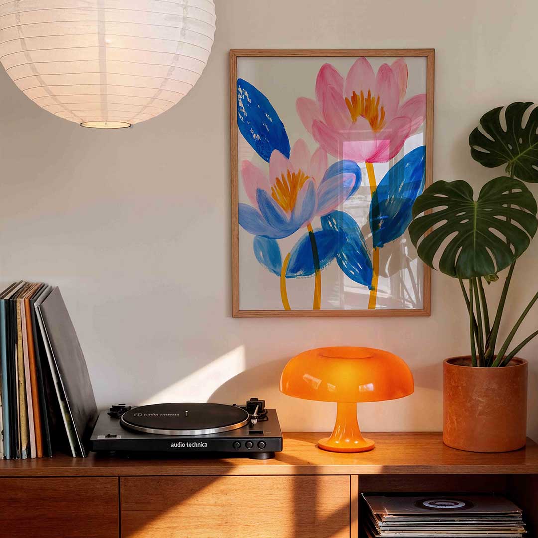 Bloemen in blauw en roze Poster