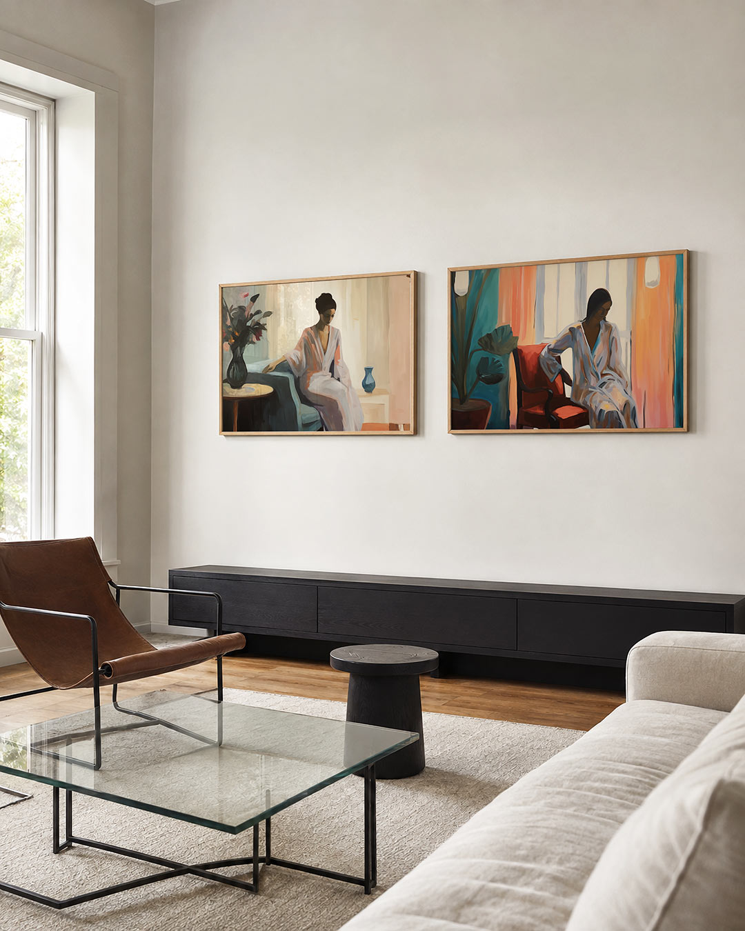 Tweedelige posterset met een serene scène met vloeiende lijnen en zachte kleurvlakken, getoond in een interieur