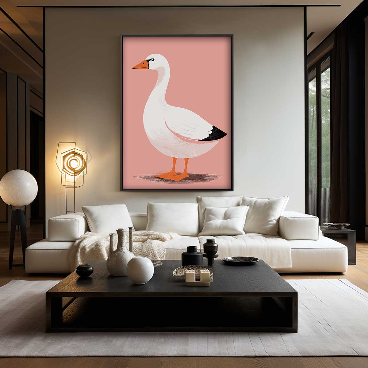 Elegante Gans op Zalmroze Achtergrond Kunstwerk-canvas-dibond-plexiglas-wanddecoratie-WallArtistic