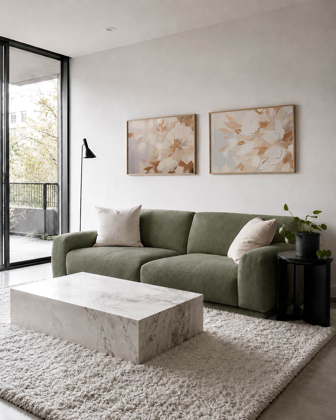 Interieurpresentatie van twee posters met vloeiende bloemvormen in zachte tinten