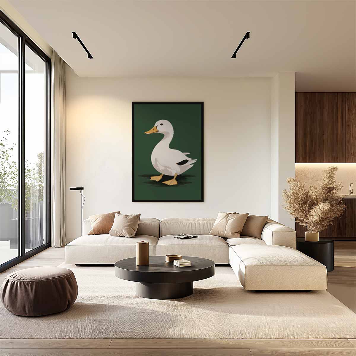 Vrolijke Eend op Donkergroene Achtergrond Kunstwerk-canvas-dibond-plexiglas-wanddecoratie-WallArtistic