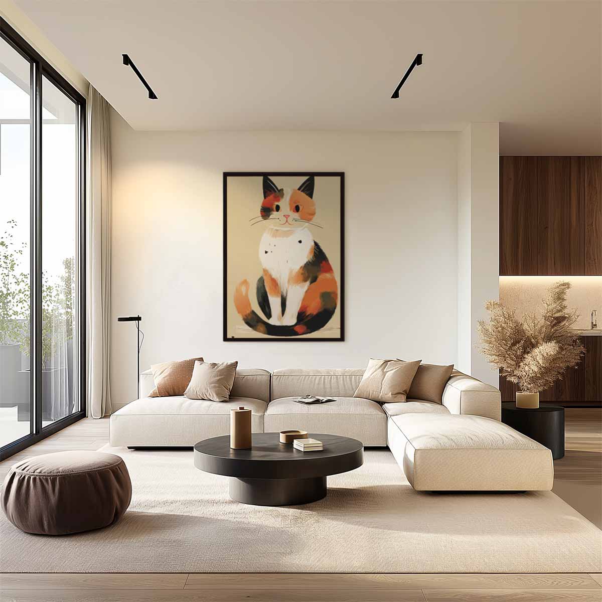 Charmante Calico Kat Illustratie Kunstwerk-canvas-dibond-plexiglas-wanddecoratie-WallArtistic