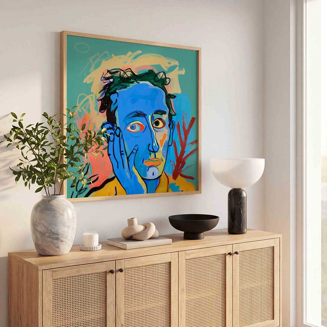 Blauw gezicht met hand Poster