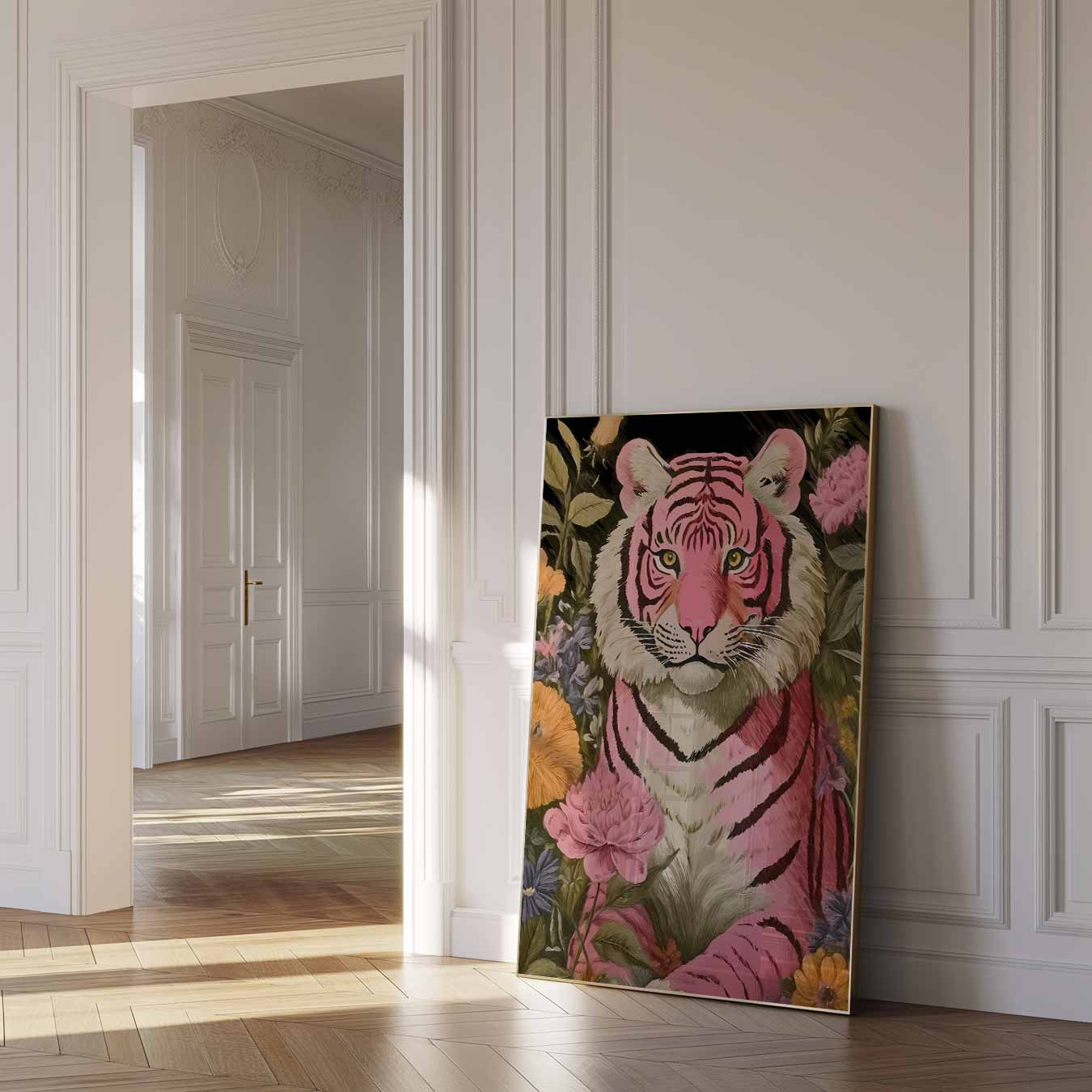 Roze Tijger met Bloemen Poster-WallArtistic