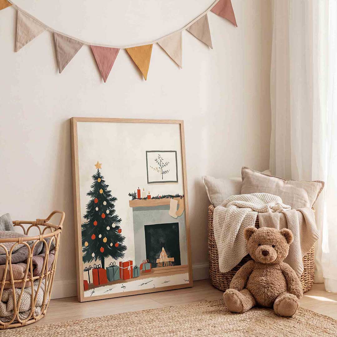 Kerstboom en open haard Poster