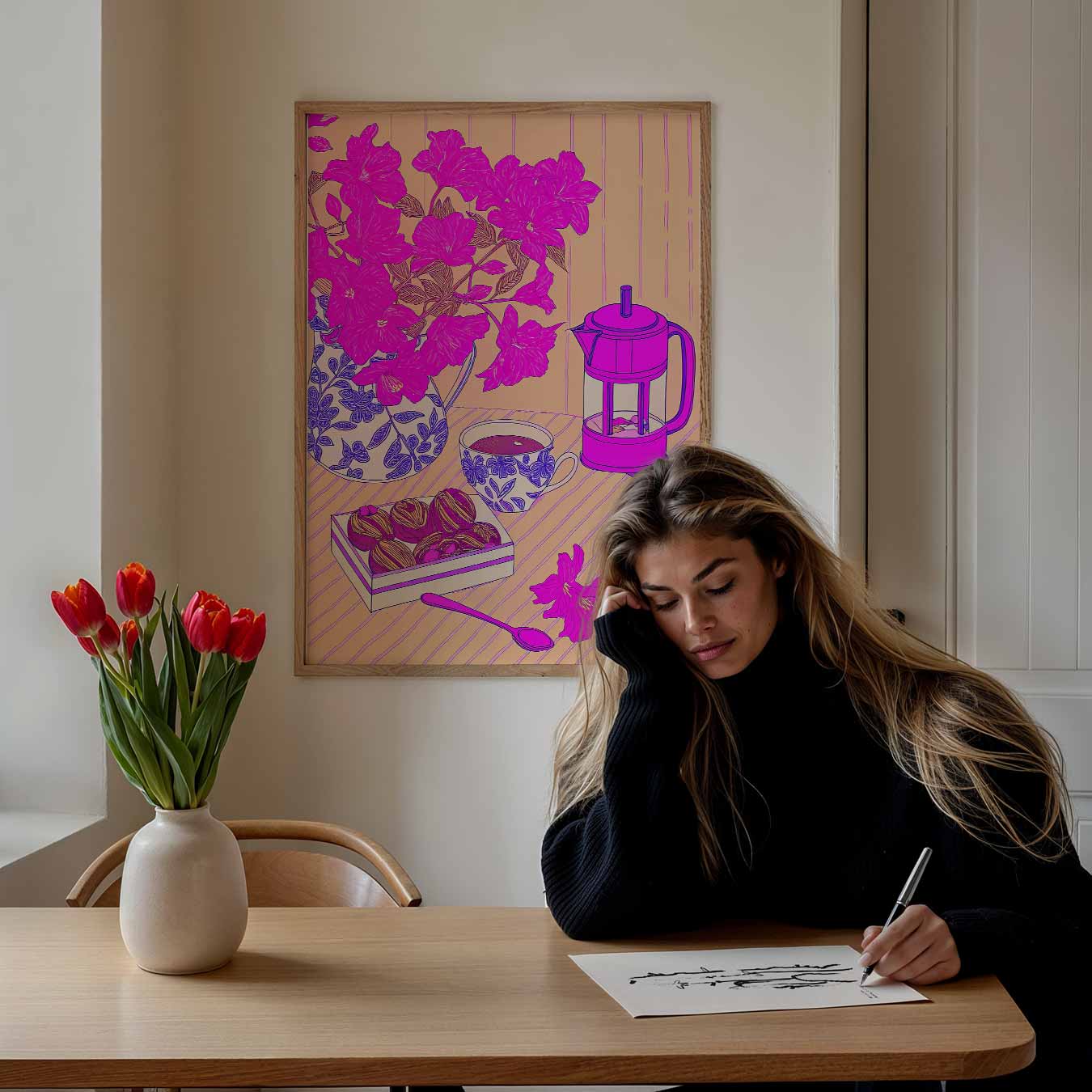 Roze Bloemen en Koffie Moment Poster-WallArtistic