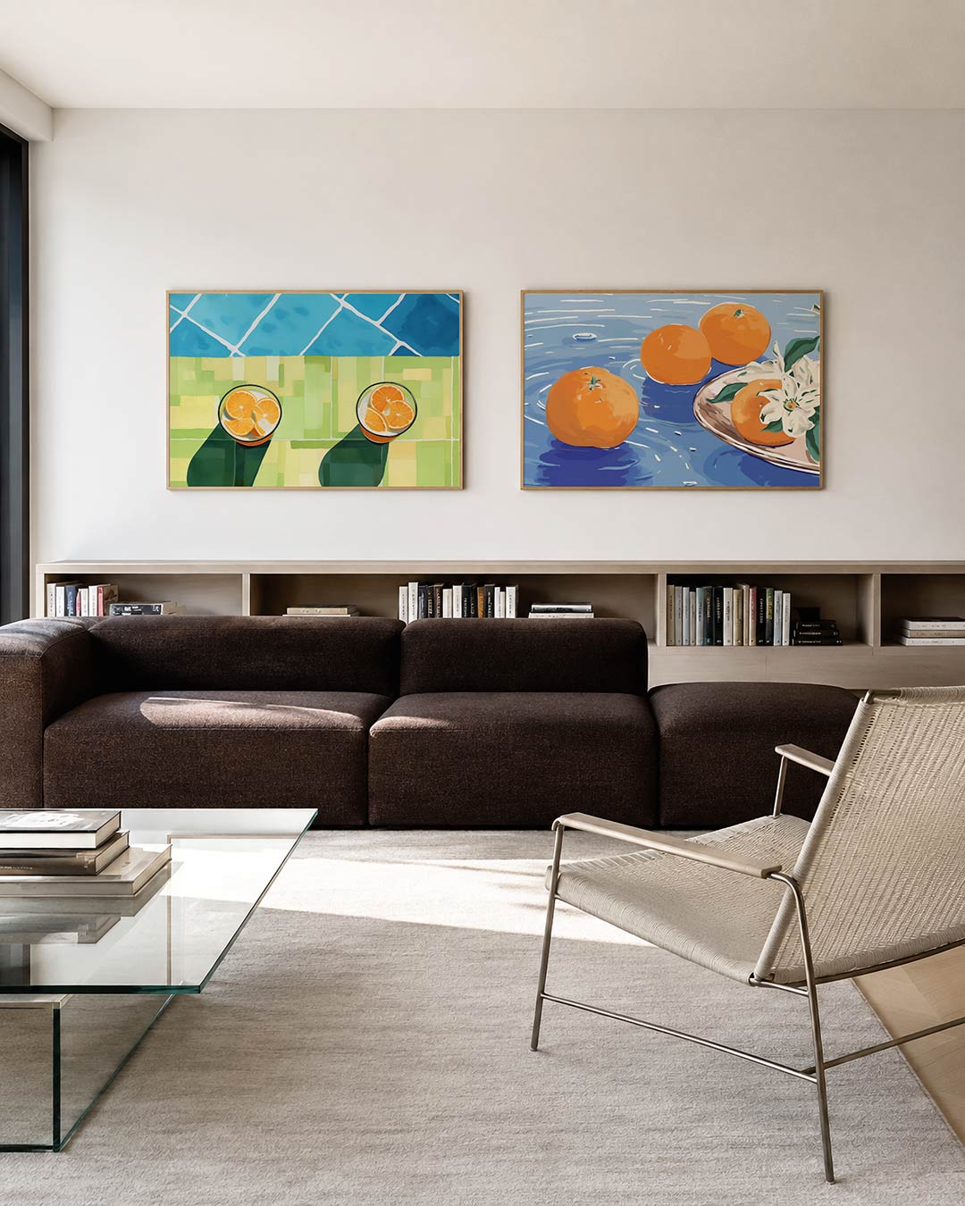 Twee liggende posters met glazen met oranje schijfjes tussen blauwe en groene kleurvlakken, aan de muur in een interieur