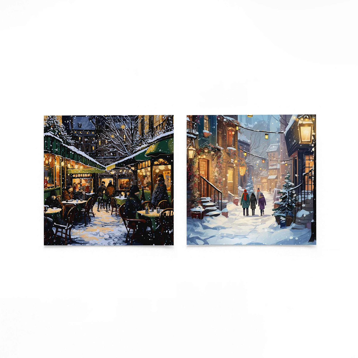 Twee vierkante posters met besneeuwde straatjes op een gebroken witte achtergrond