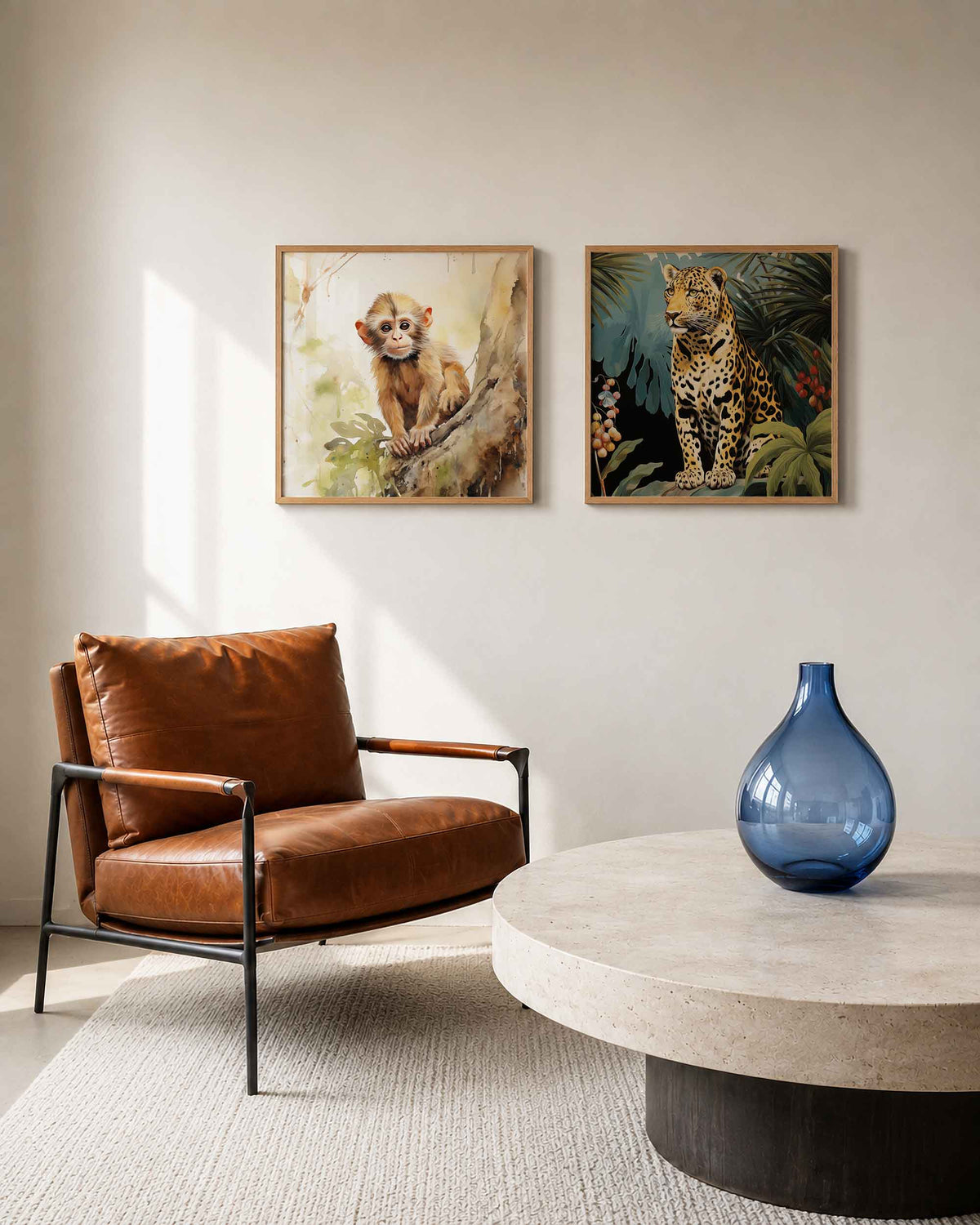 Interieurpresentatie van een tweedelige vierkante posterset met aap en luipaard