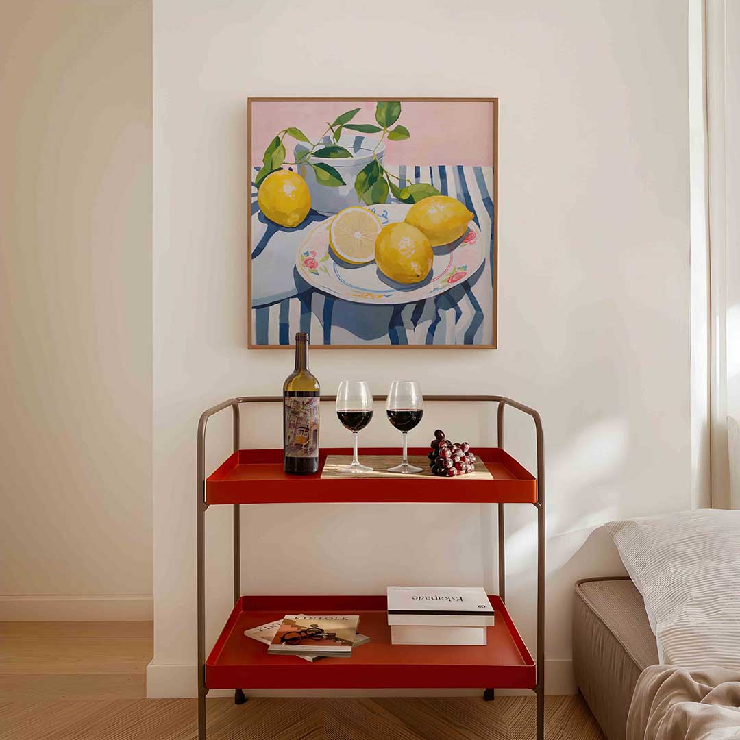 Citroenen op gestreept tafelkleed Poster