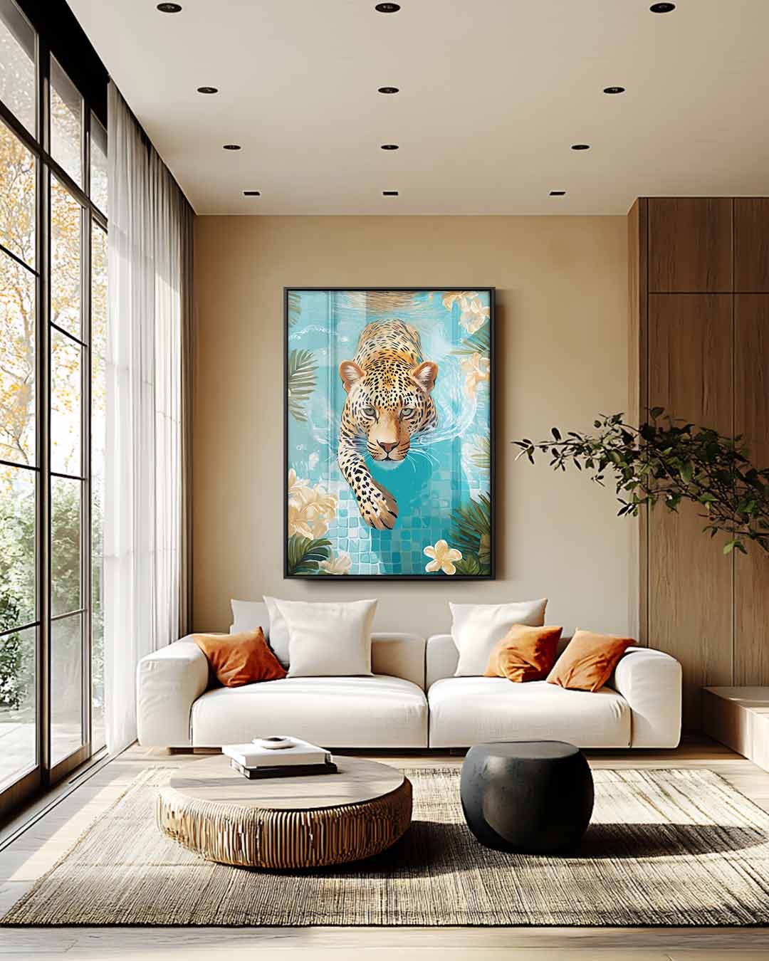 Zwemmende Luipaard in Tropisch Paradijs Kunstwerk-canvas-dibond-plexiglas-wanddecoratie-WallArtistic