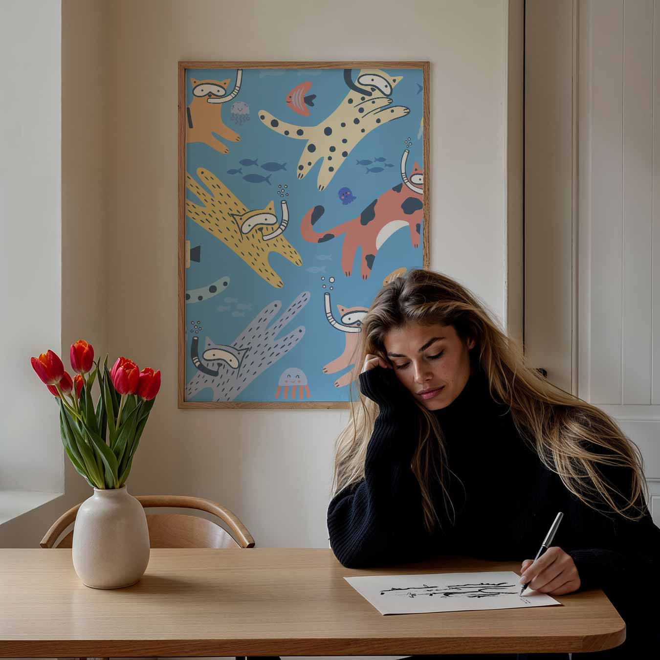 Duikende Katten Illustratie Poster-WallArtistic