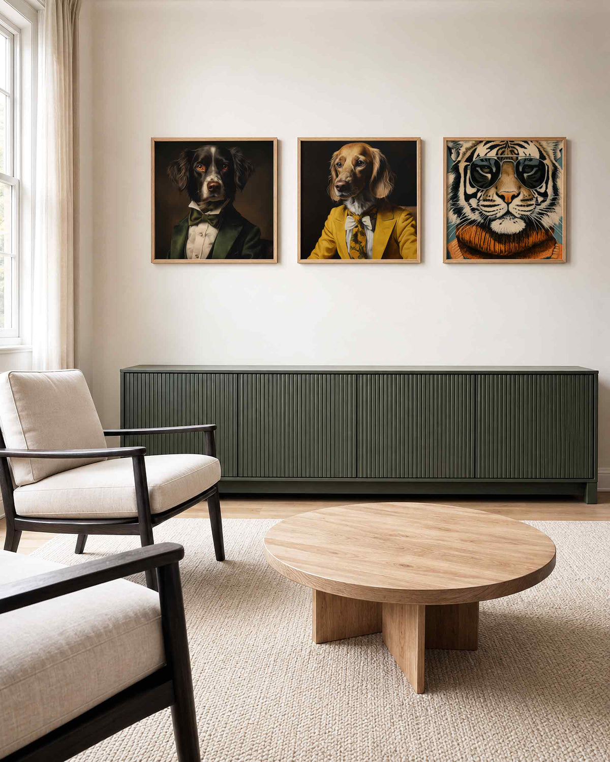 Interieurpresentatie van een driedelige vierkante posterset met dieren in kostuum