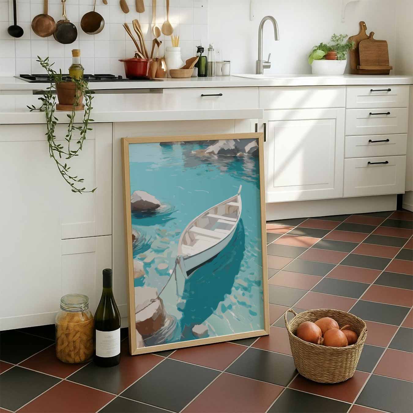 Rustgevende Boot op Helder Blauw Water Poster-WallArtistic