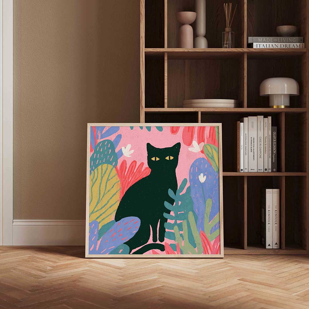 Zwarte kat met kleurrijke bladeren Poster