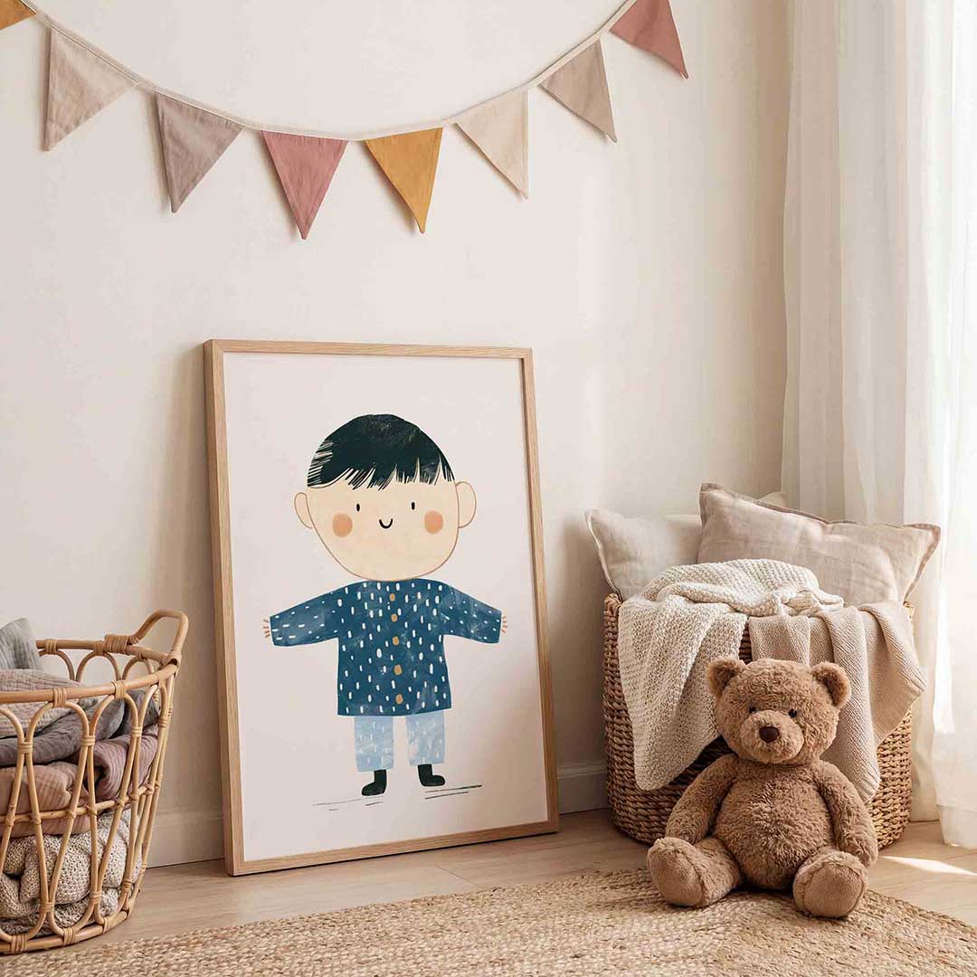 Jongen in blauwe jas Poster