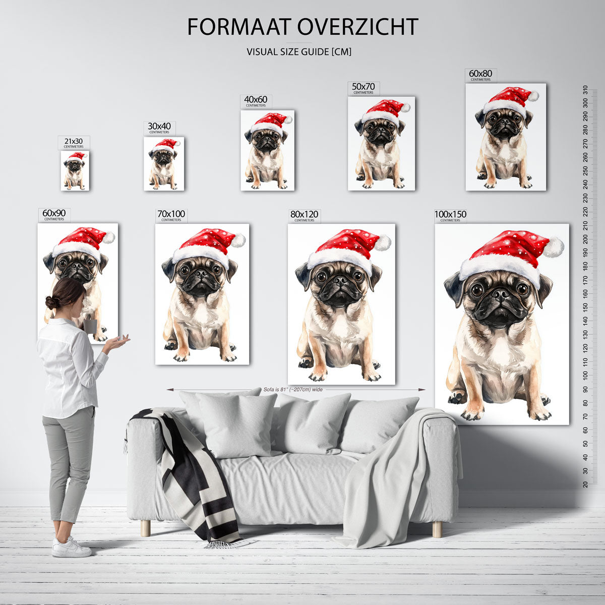 Mopshond met kerstmuts Poster