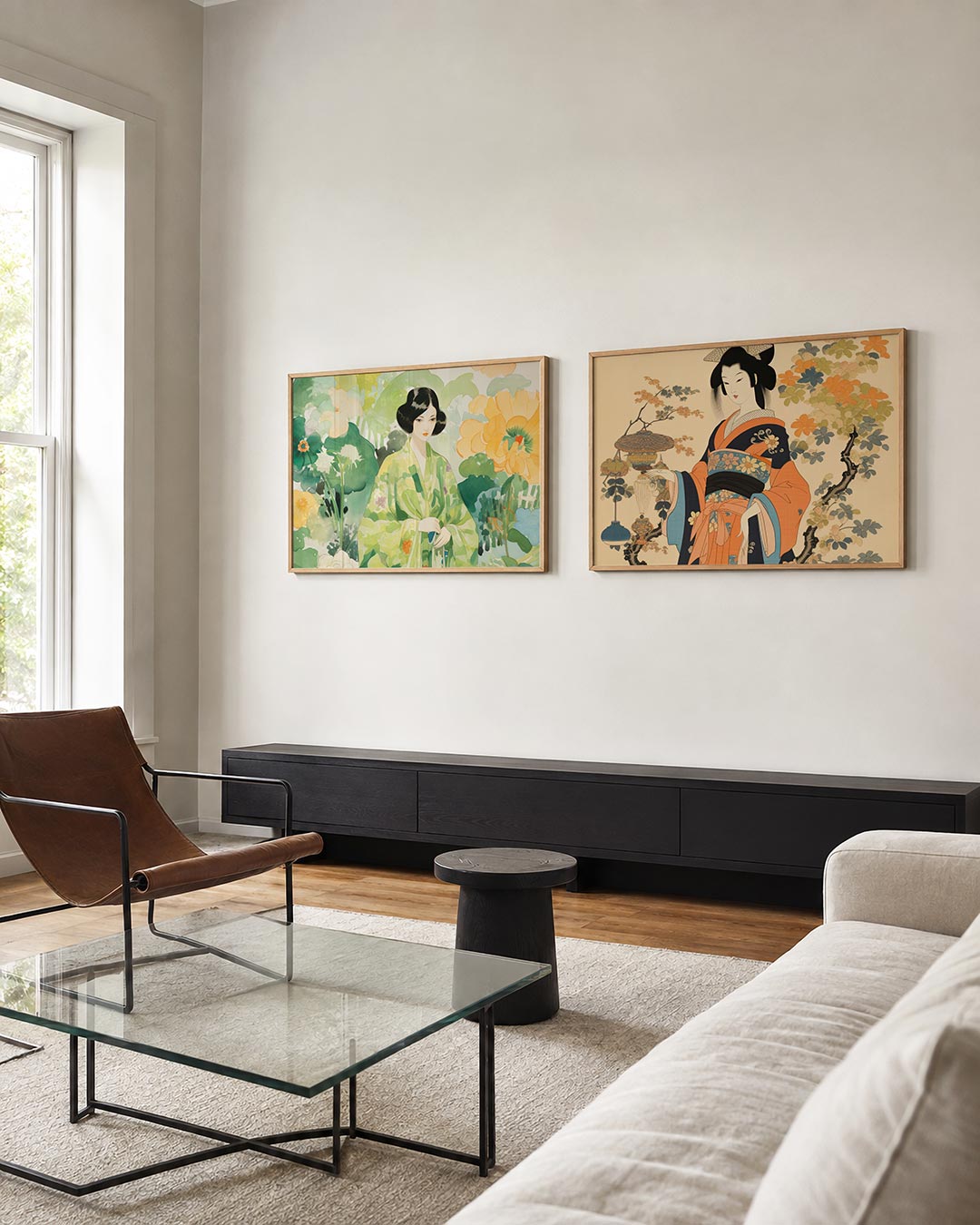 Tweedelige posterset met een posterset in twee delen met een vrouw in een groene kimono, getoond in een interieur